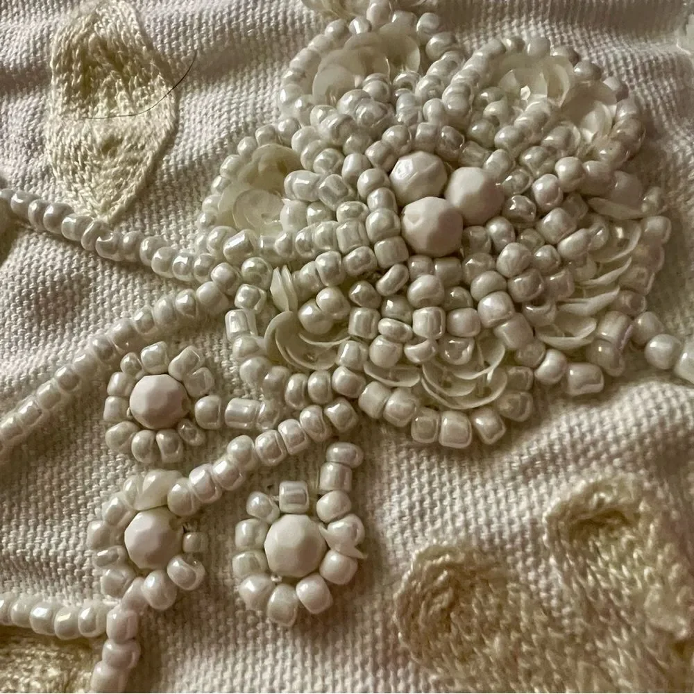 Pier 1 Imports Boho Floral Sequin Beaded White Embroidered Tassel Table Runner